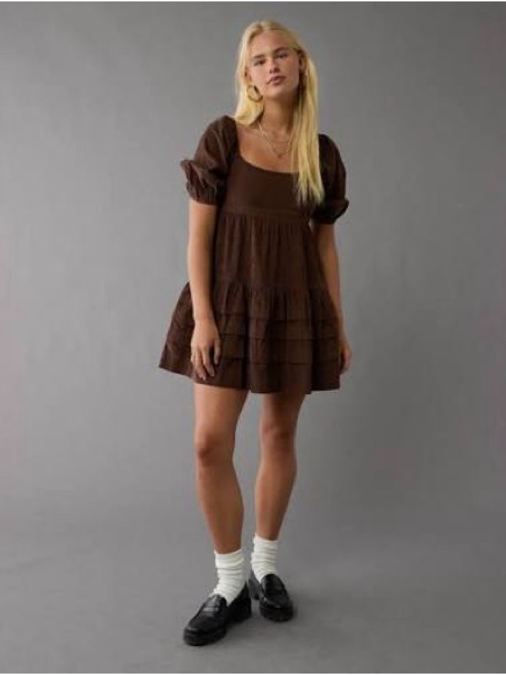 Brown Puff Sleeve Corduroy  Tiered Mini Dress